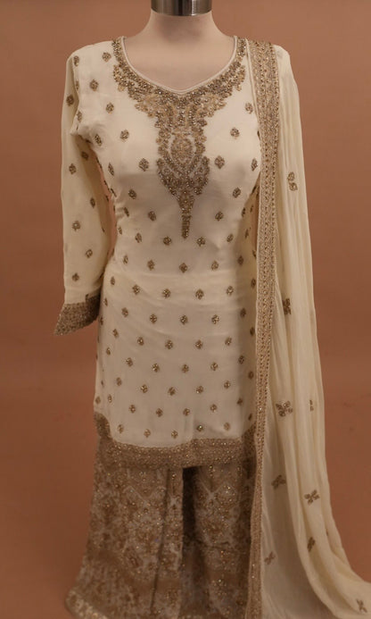 Off White Color Georgette Fabric Heavy Palazzo Suit
