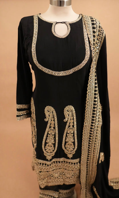 Long Kameez Anarkali Party Wear Suit Black Color With Pants On Bottom