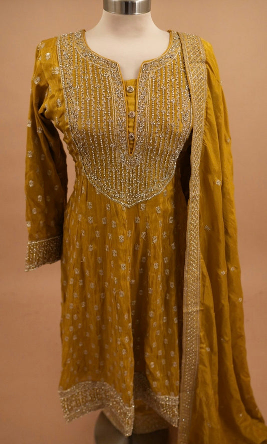 Shimmer Fabric Yellow Color Party Wear Anarkali Palazzo Suit