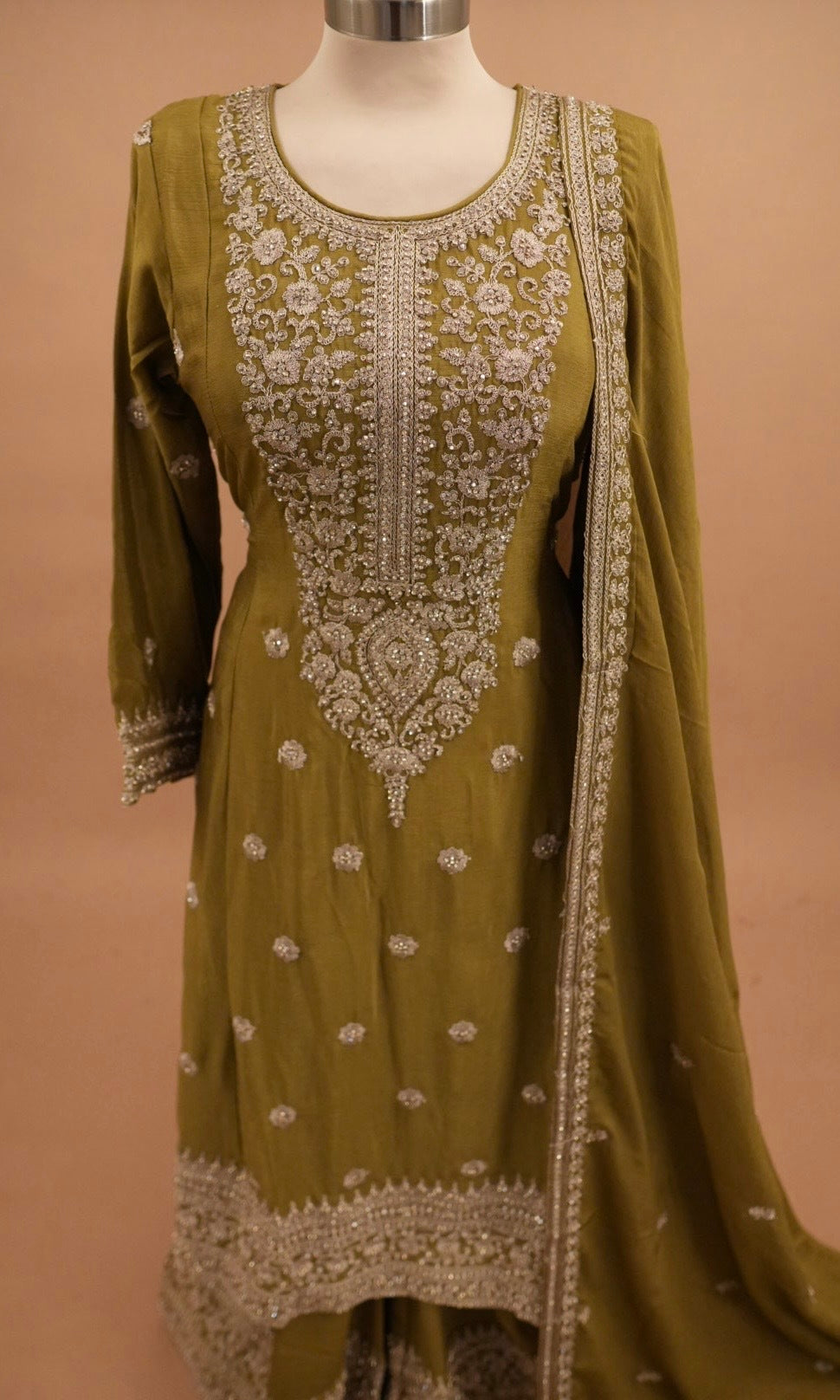 Chinon Fabric Mehndi Green Color Party Wear Anarkali Palazzo Suit