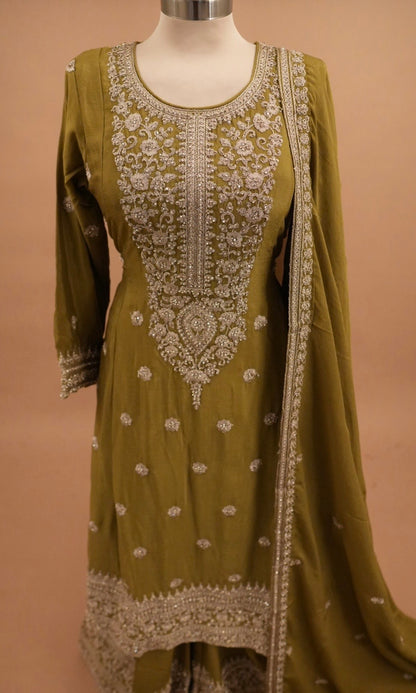 Chinon Fabric Mehndi Green Color Party Wear Anarkali Palazzo Suit