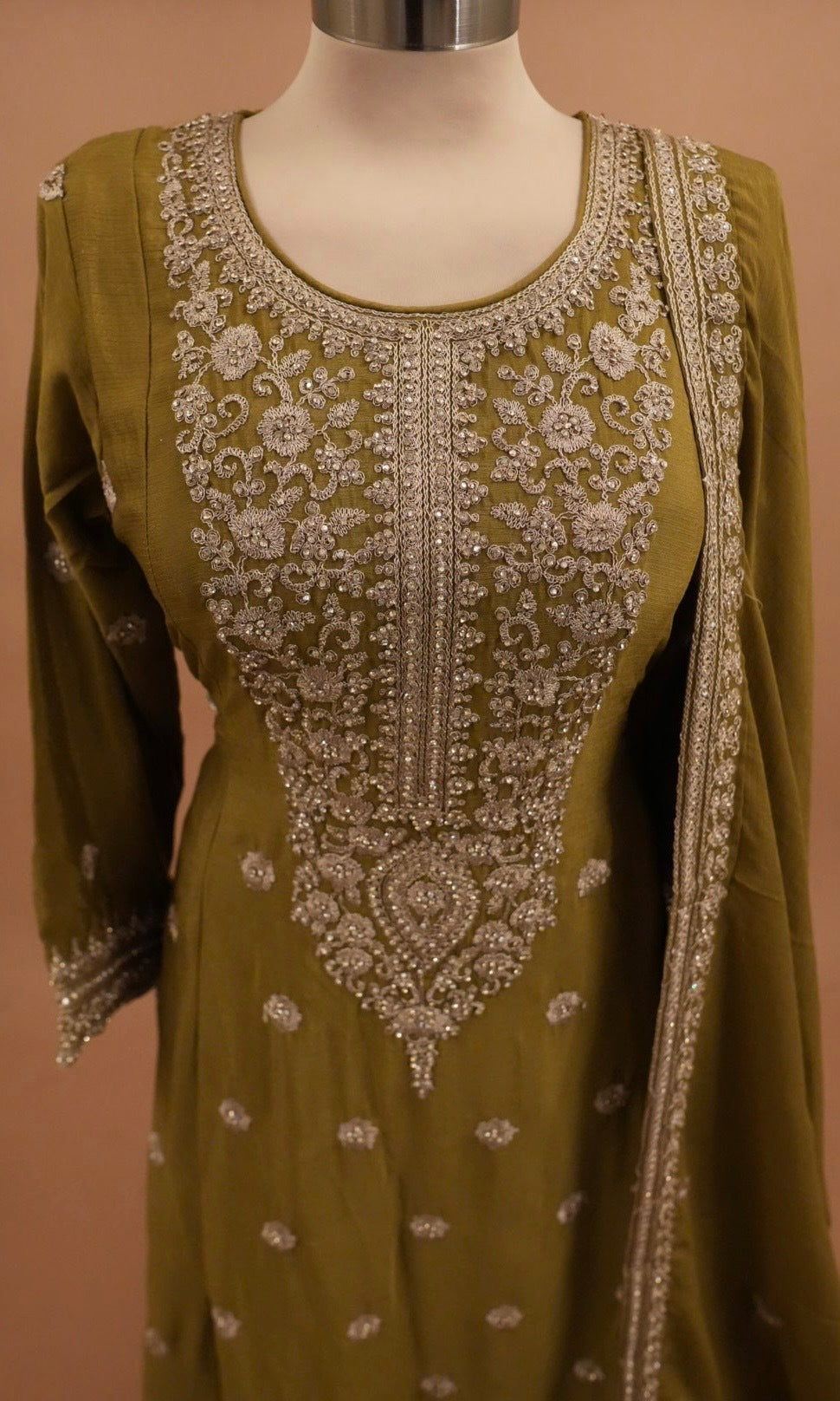 Chinon Fabric Mehndi Green Color Party Wear Anarkali Palazzo Suit
