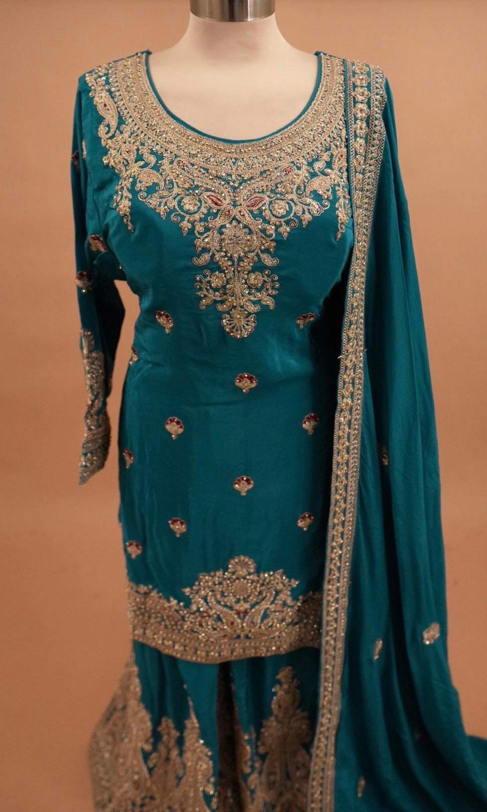 Turquoise Blue Color Heavy Stone Work Embroiderey Party Wear Palazzo Suit
