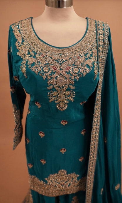 Turquoise Blue Color Heavy Stone Work Embroiderey Party Wear Palazzo Suit