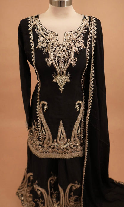 Hand Work Embroiderey Black Color Party Wear Palazzo Suit