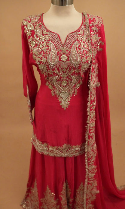 Hand Work Embroiderey Pinkish Red Color Party Wear Palazzo Suit