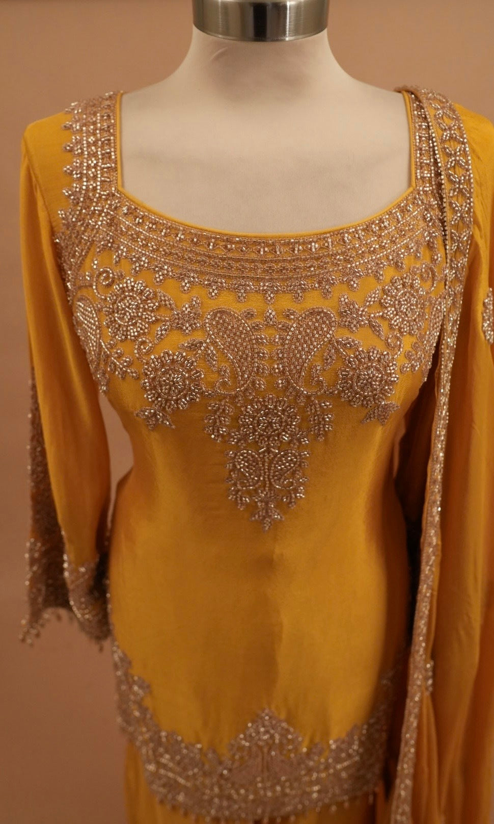 Heavy Beads Work Embroiderey Yellow Color Palazzo Pant Suit