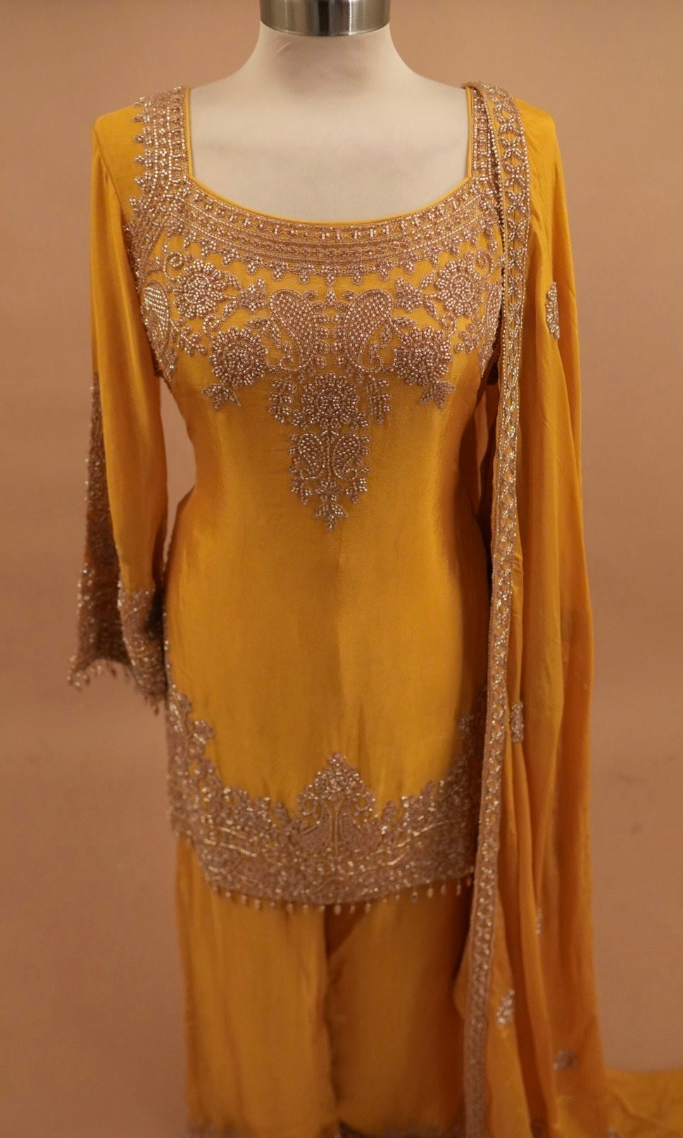 Heavy Beads Work Embroiderey Yellow Color Palazzo Pant Suit
