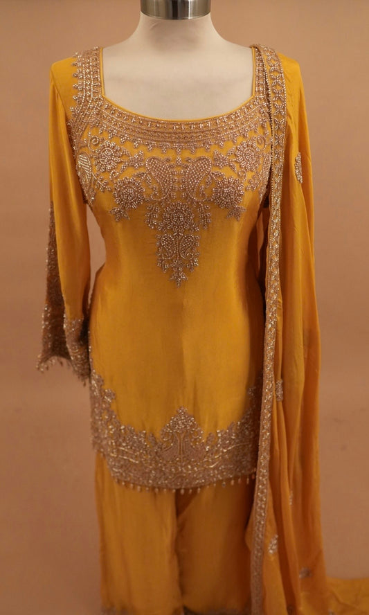 Heavy Beads Work Embroiderey Yellow Color Palazzo Pant Suit