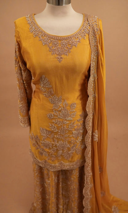 Heavy Beads Work Embroiderey Yellow Color Palazzo Suit