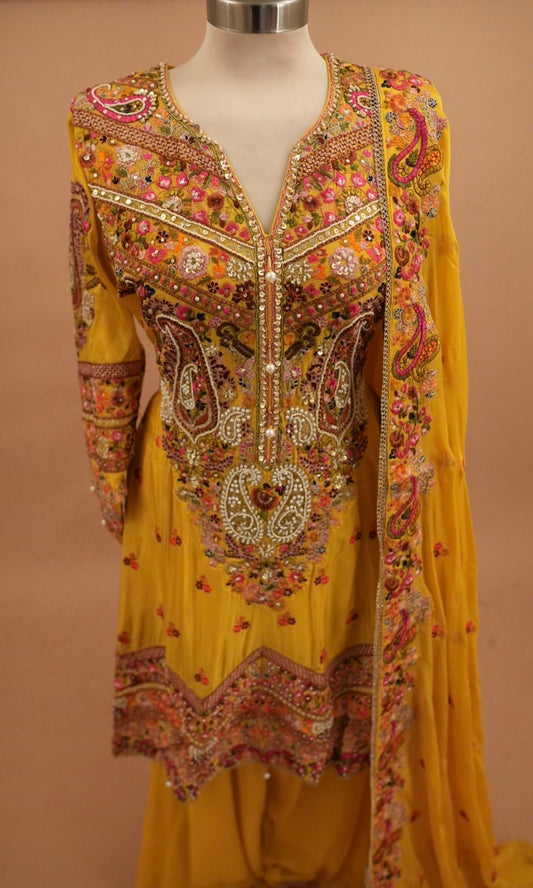 Hand Work Embroiderey Short Anarkali Yellow Color Salwar Pant Suit