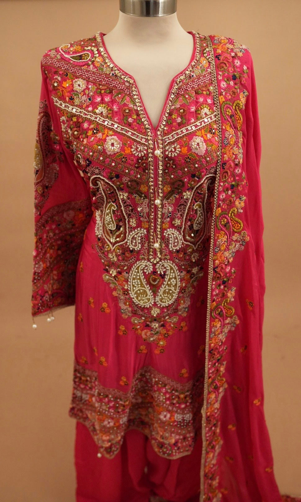 Hand Work Embroiderey Short Anarkali Pinkish Red Color Salwar Pant Suit