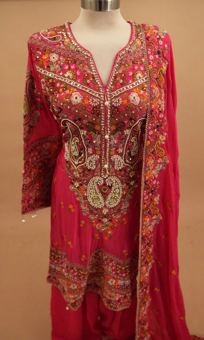 Hand Work Embroiderey Short Anarkali Pinkish Red Color Salwar Pant Suit