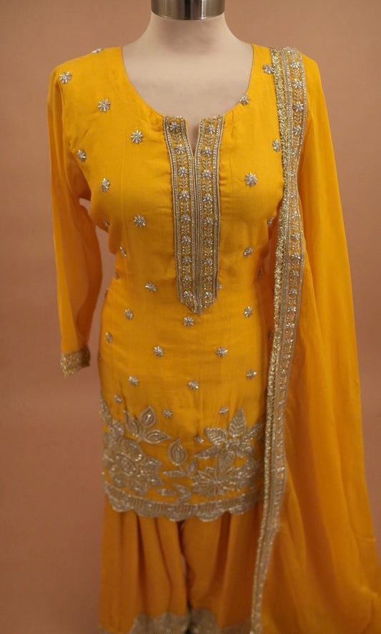 Yellow Color Beads Work Embroiderey Farshi Salwar Suit
