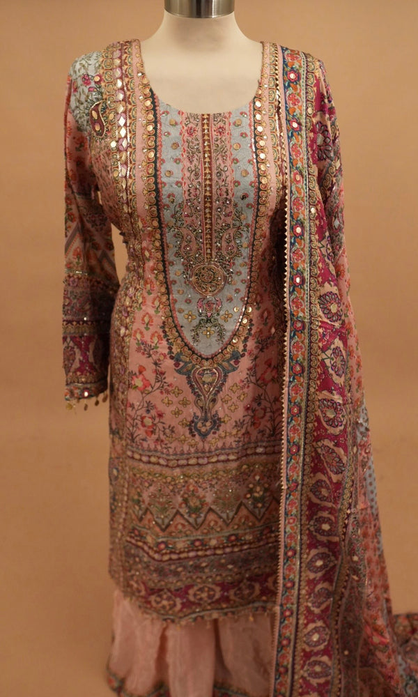 Anarkali Palazzo Suit Pink Multicolor Party Wear