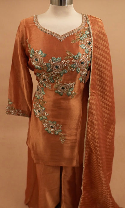 Shimmer Silk Fabric Elegant Style Party Wear Palazzo Suit