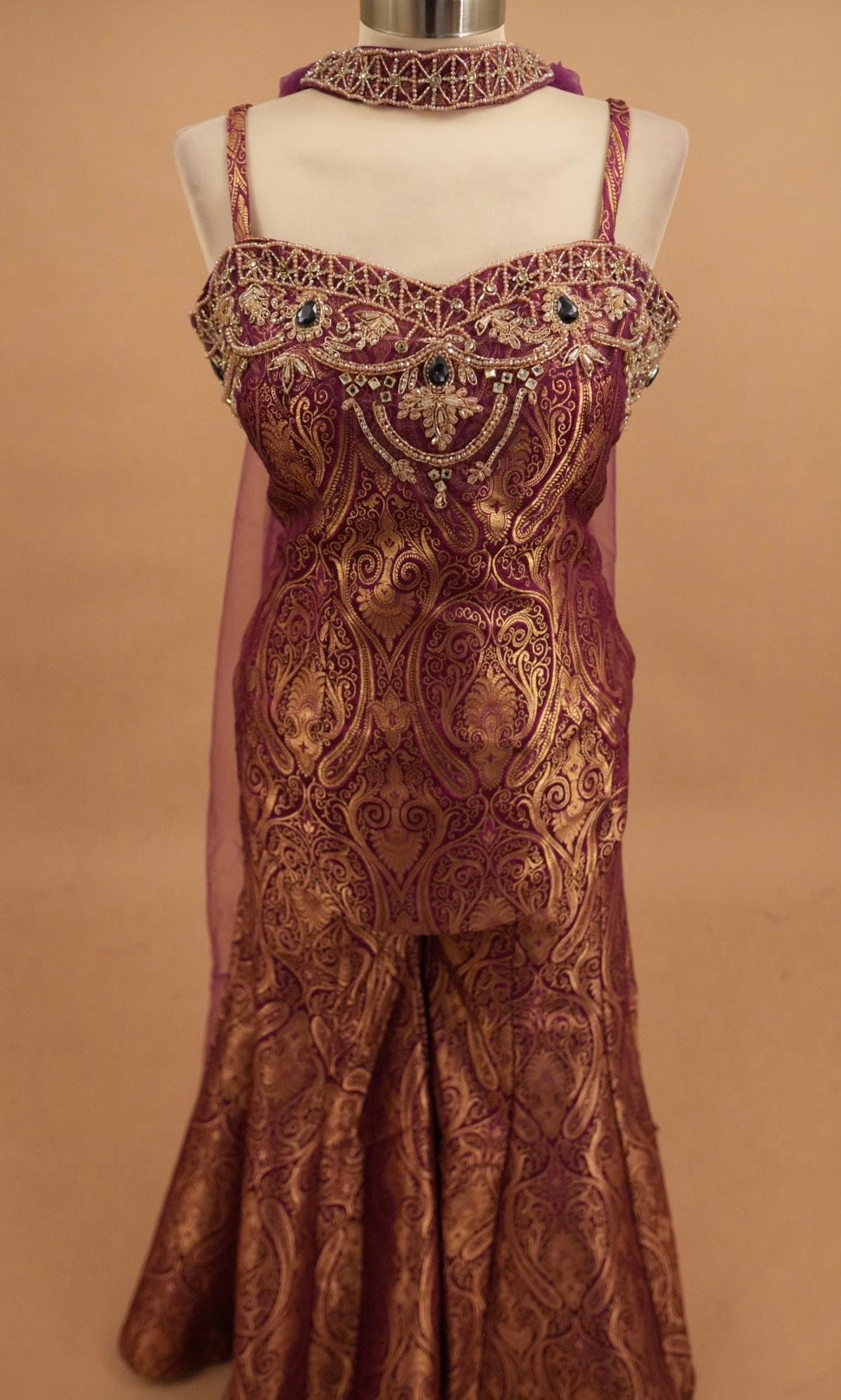 Indo Style Plum Purple Color Palazzo Suit With Choker Dupatta