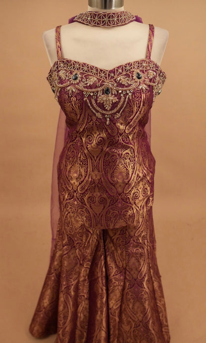 Indo Style Plum Purple Color Palazzo Suit With Choker Dupatta