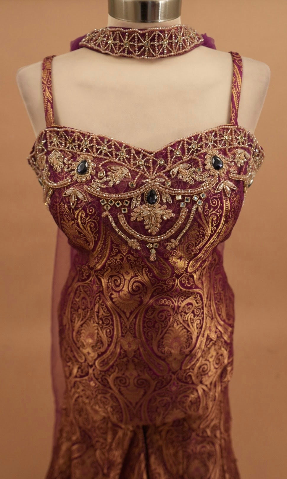 Indo Style Plum Purple Color Palazzo Suit With Choker Dupatta