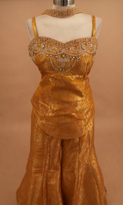 Indo Style Yellow Color Palazzo Suit With Choker Dupatta
