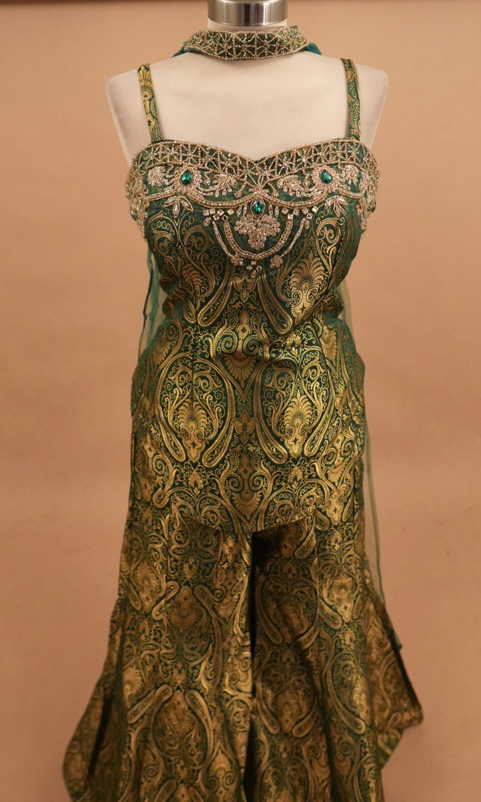 Indo Style Green Color Palazzo Suit With Choker Dupatta