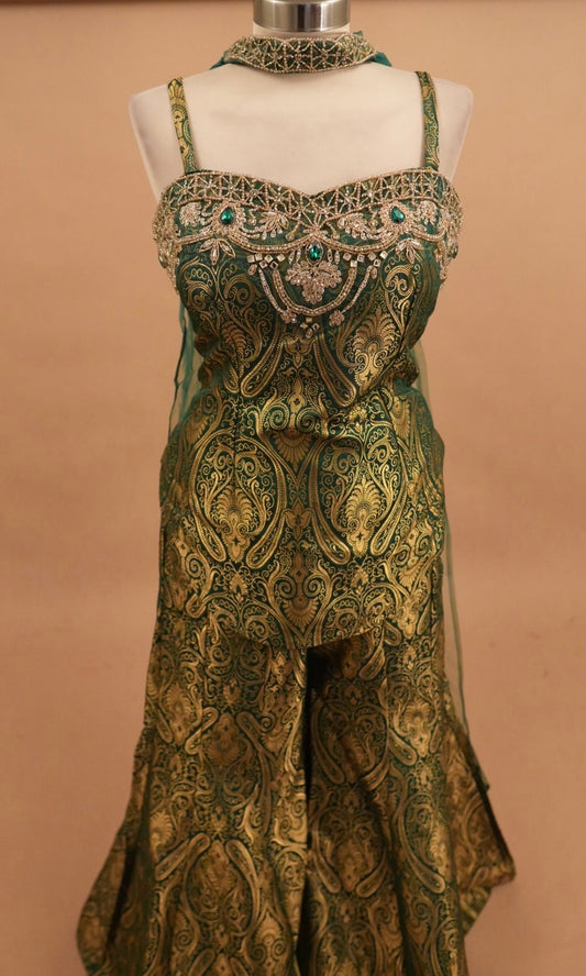 Indo Style Green Color Palazzo Suit With Choker Dupatta