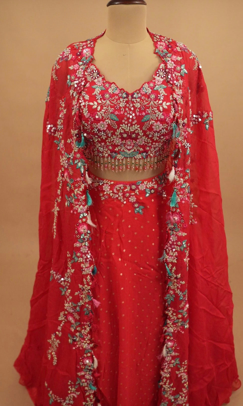 Pinkish Red Color Party Wear Lehenga Set With Shrug