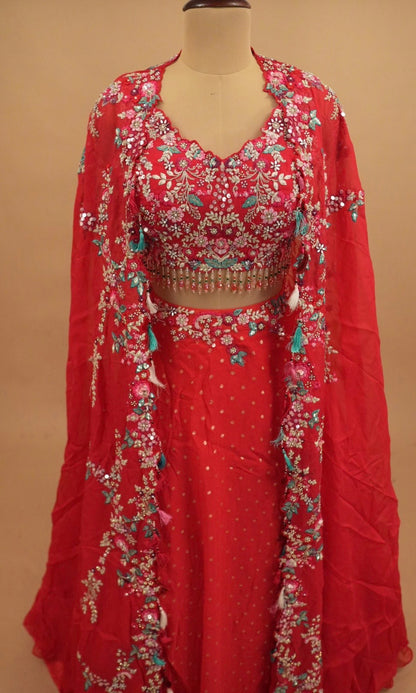 Pinkish Red Color Party Wear Lehenga Set With Shrug