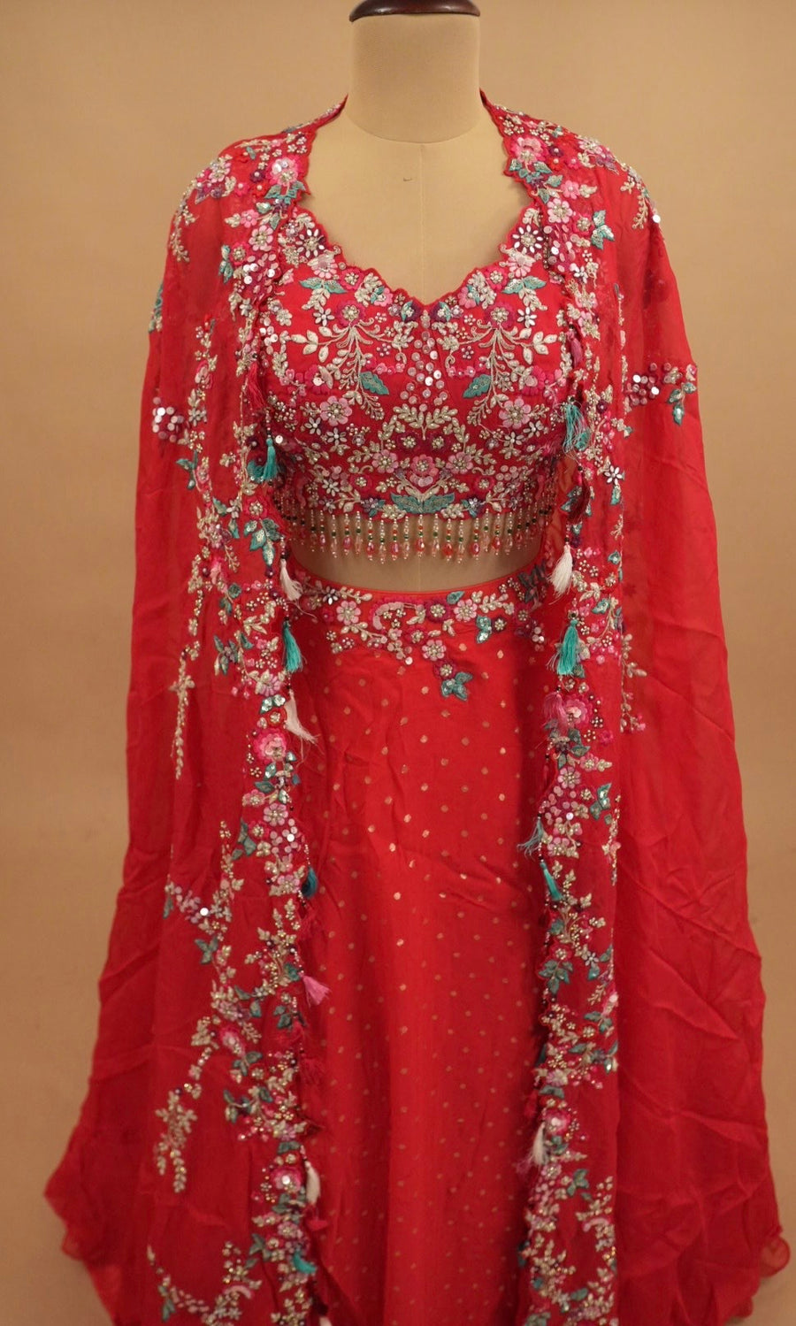 Pinkish Red Color Party Wear Lehenga Set With Shrug
