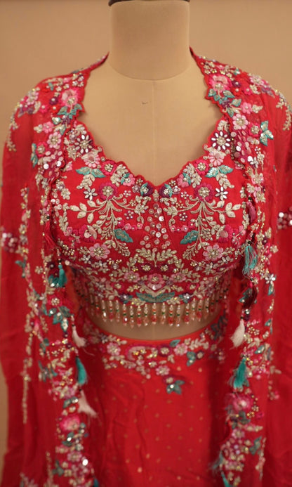 Pinkish Red Color Party Wear Lehenga Set With Shrug