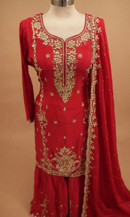Beads Work Embroiderey Red Color Party Wear Sharara Suit On Dasheen Fabric