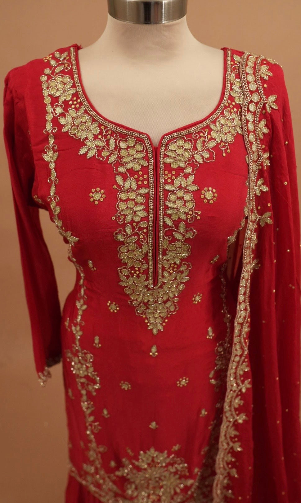 Beads Work Embroiderey Red Color Party Wear Sharara Suit On Dasheen Fabric