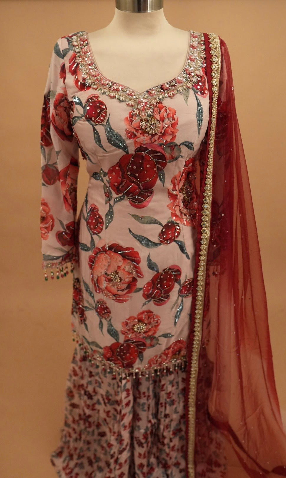 Organza Fabric Beads Work Embroiderey Light Pink Color Sharara Suit