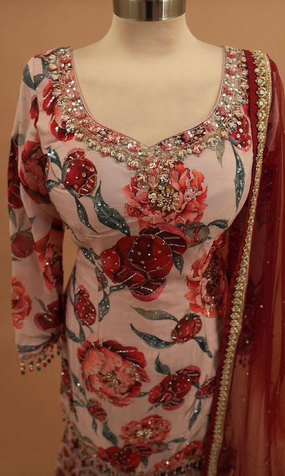 Organza Fabric Beads Work Embroiderey Light Pink Color Sharara Suit