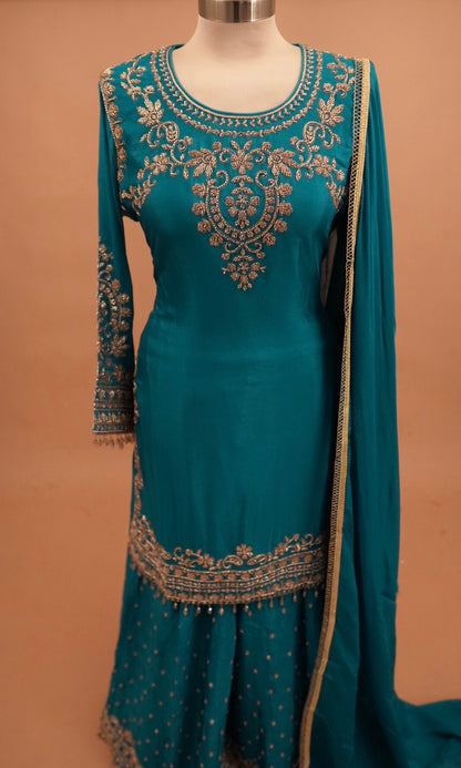 Dasheen Fabric Turquoise Blue Color Party Wear Palazzo Suit