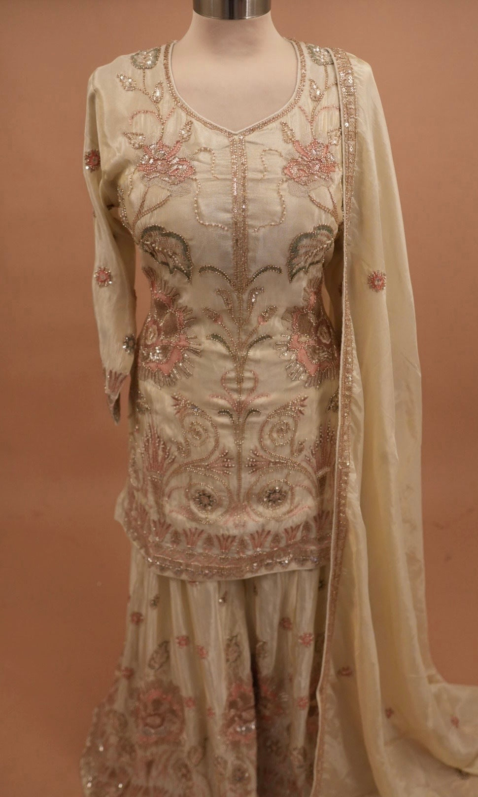 Designer Silk Fabric Hand Work Embroiderey Light Champagne Color Palazzo Suit