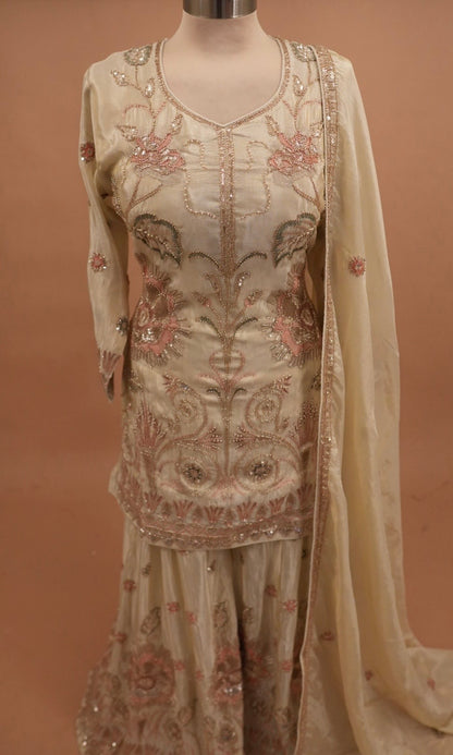 Designer Silk Fabric Hand Work Embroiderey Light Champagne Color Palazzo Suit