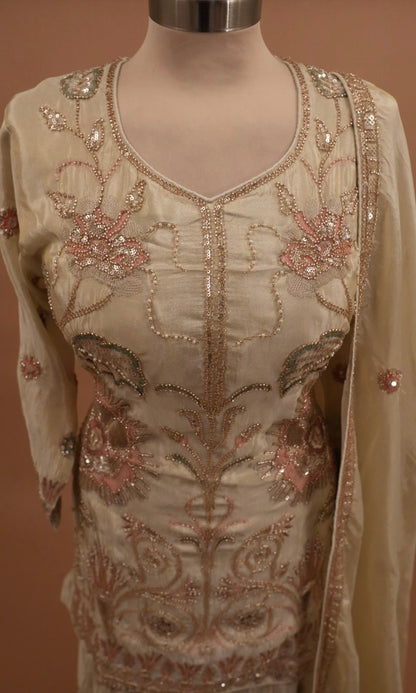 Designer Silk Fabric Hand Work Embroiderey Light Champagne Color Palazzo Suit