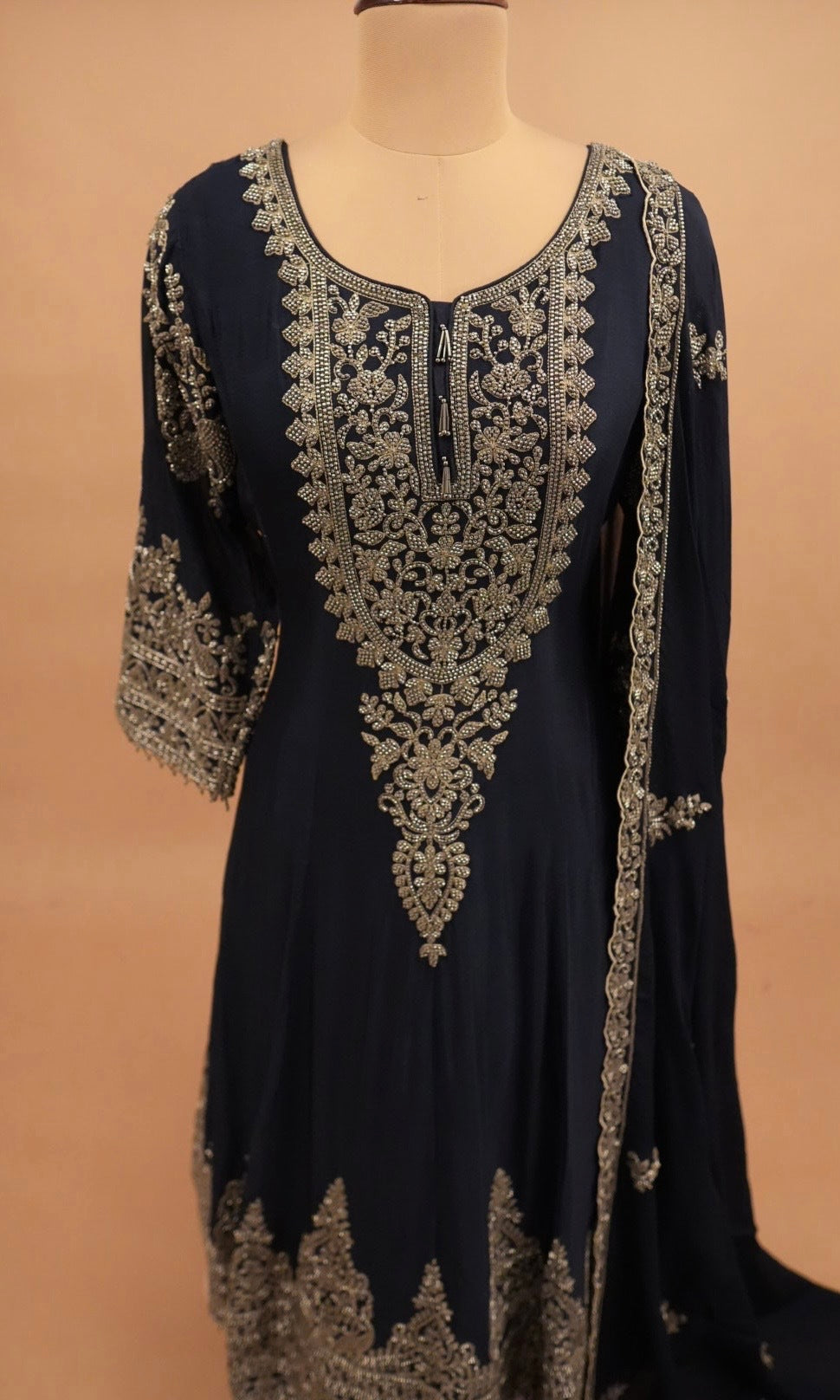 Beads Work Embroiderey Dark Navy Blue Color Heavy Anarkali Suit