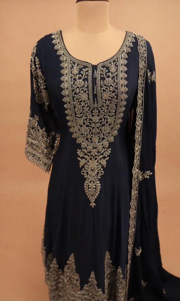 Beads Work Embroiderey Dark Navy Blue Color Heavy Anarkali Suit