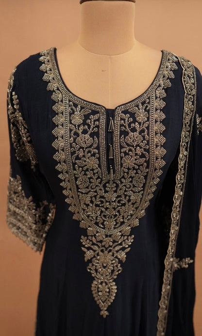 Beads Work Embroiderey Dark Navy Blue Color Heavy Anarkali Suit
