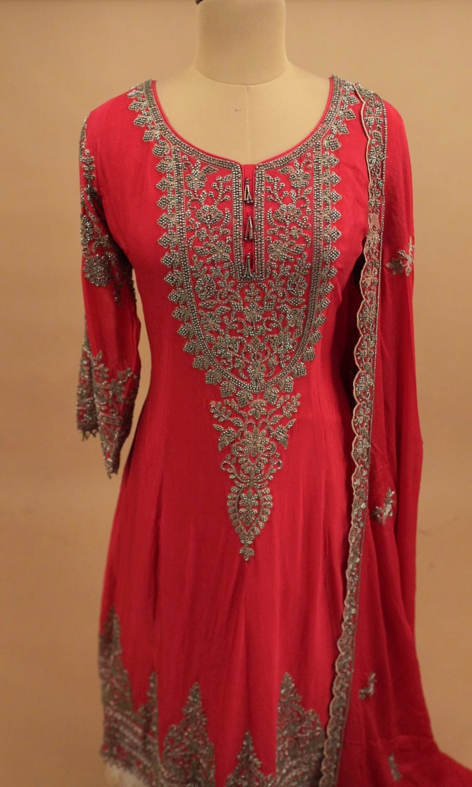 Beads Work Embroiderey Pinkish Red Color Heavy Anarkali Suit