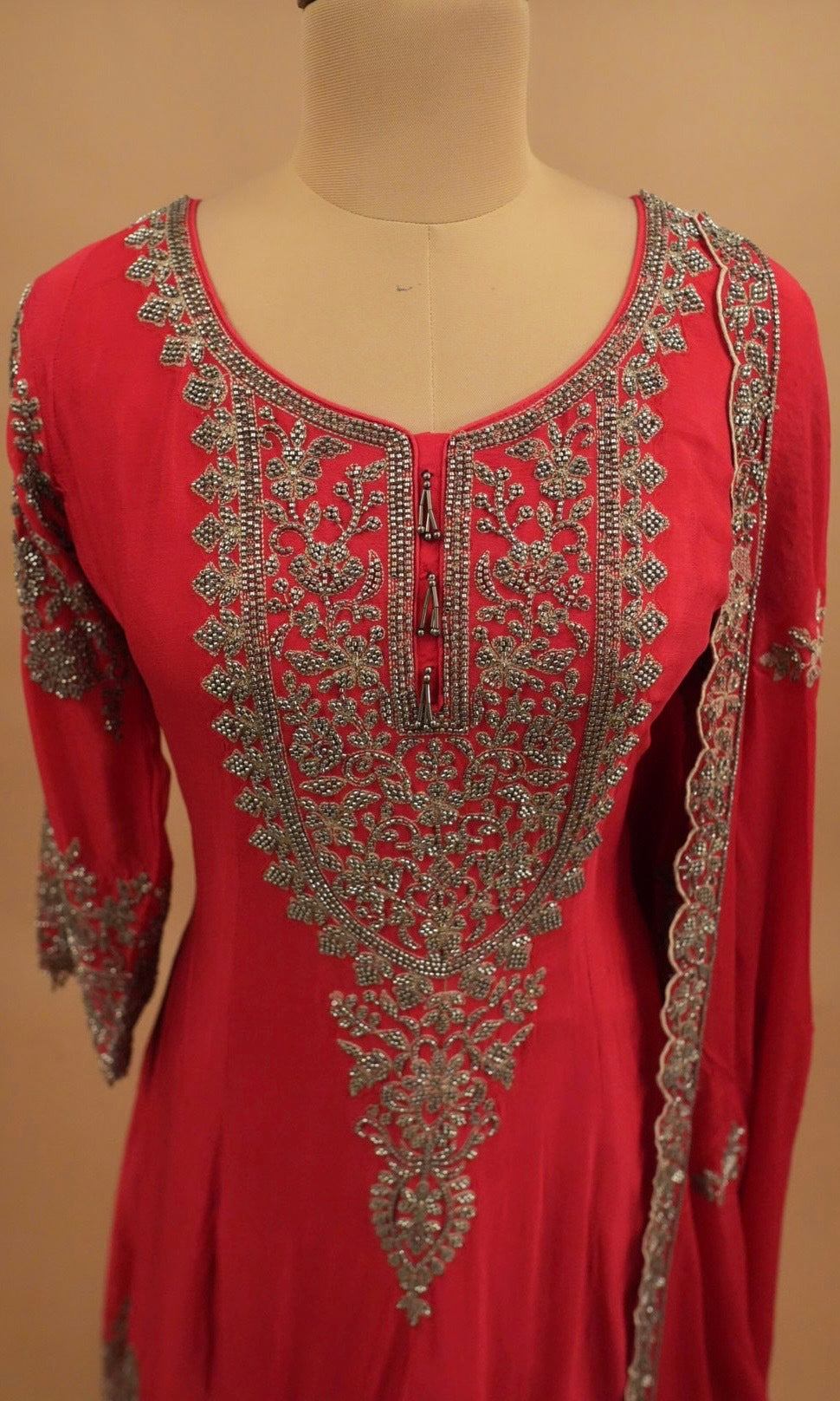 Beads Work Embroiderey Pinkish Red Color Heavy Anarkali Suit