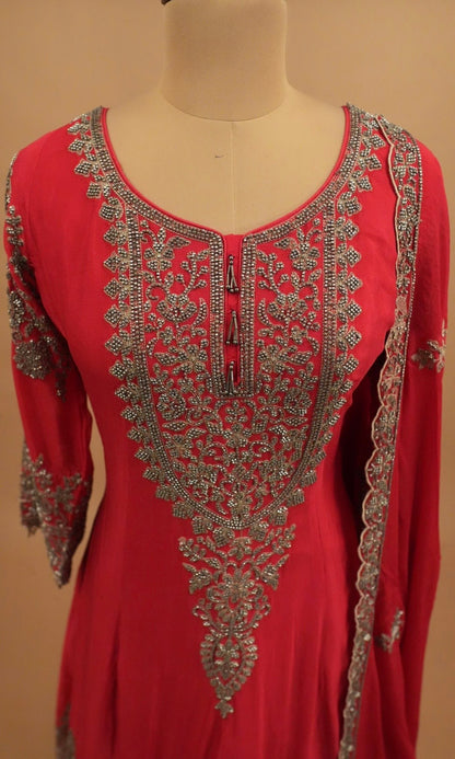 Beads Work Embroiderey Pinkish Red Color Heavy Anarkali Suit
