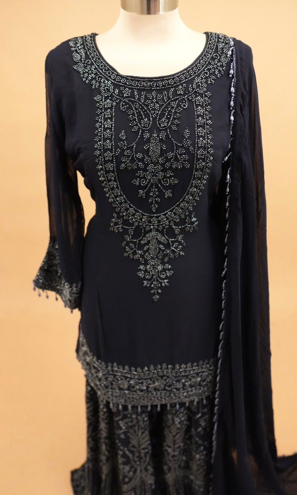 Dark Navy Color Heavy Beads Work Embroiderey Party Wear Palazzo Suit