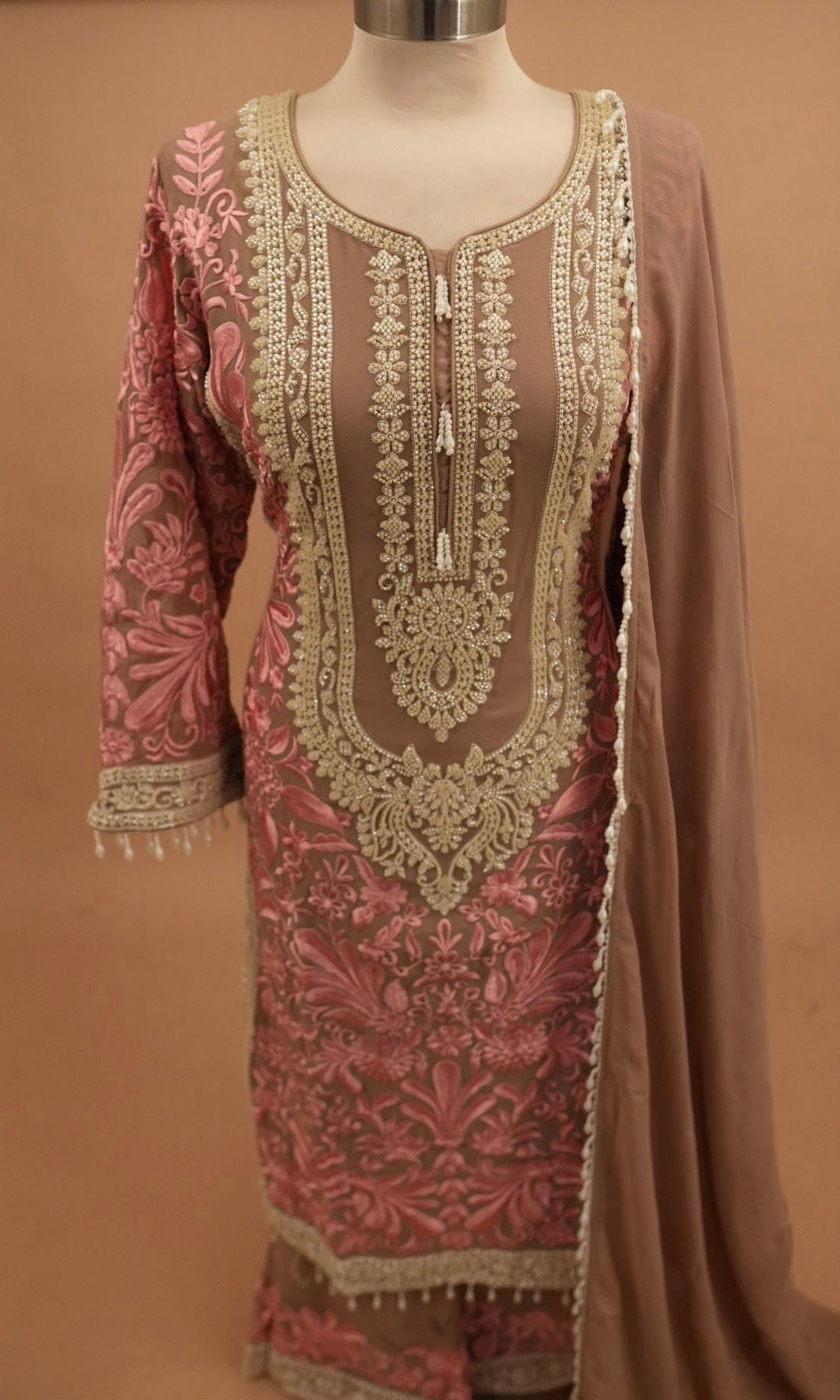 Light Brown Color Contrast Long Kameez Suit With Pants On Bottom