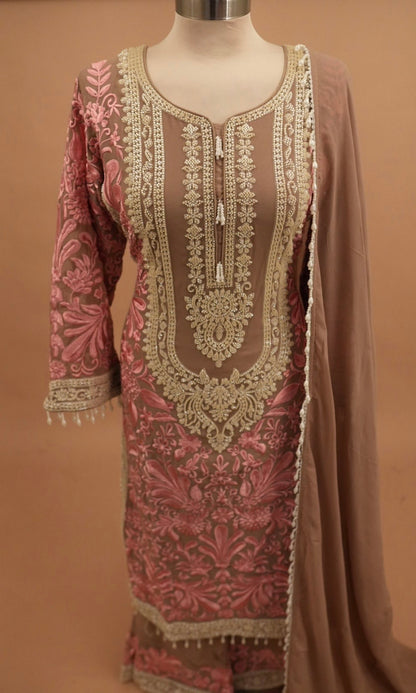 Light Brown Color Contrast Long Kameez Suit With Pants On Bottom