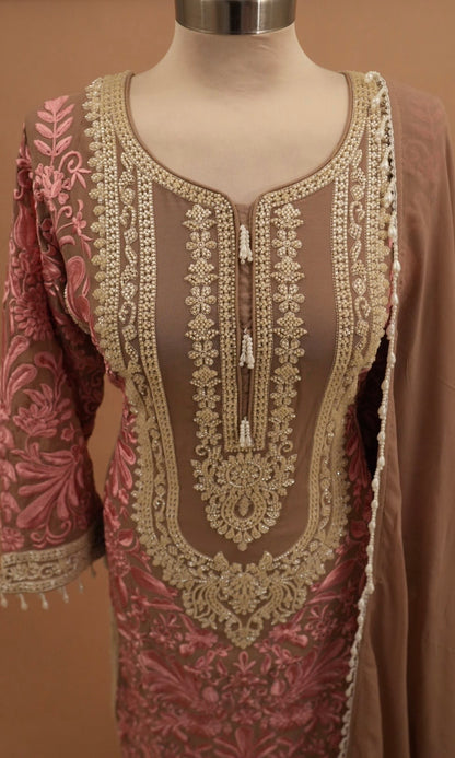 Light Brown Color Contrast Long Kameez Suit With Pants On Bottom