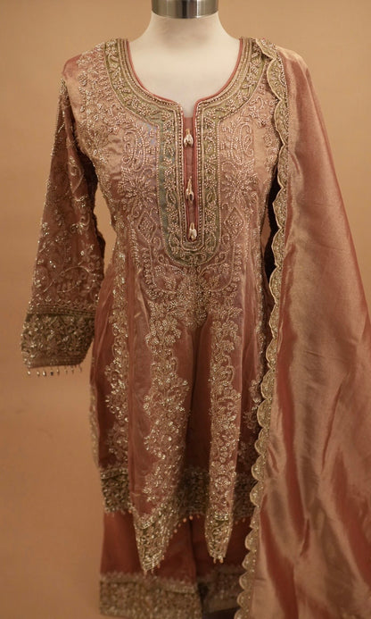 Heavy Beads Work Embroiderey Rose Gold Color Peplum Style Suit With Pants