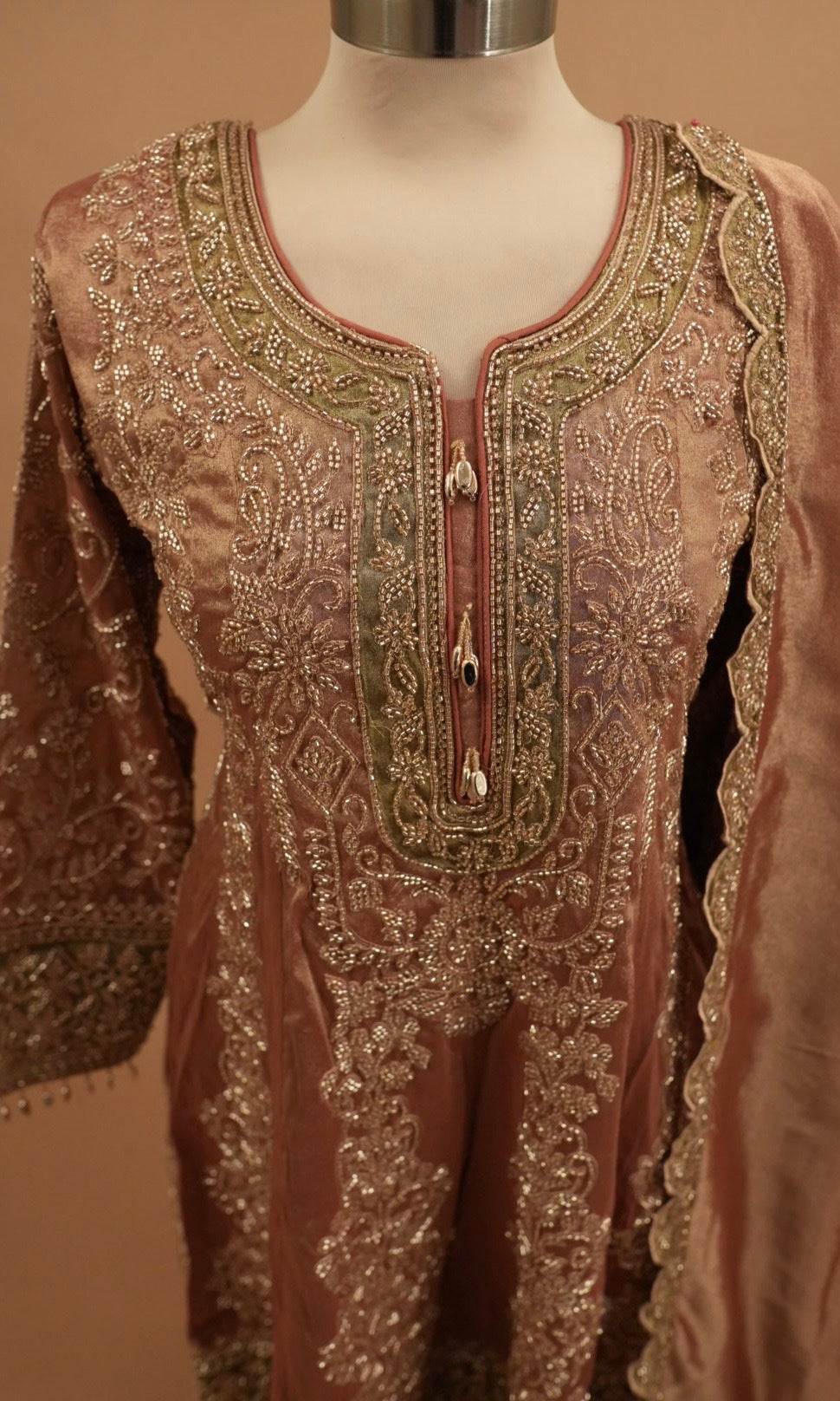 Heavy Beads Work Embroiderey Rose Gold Color Peplum Style Suit With Pants